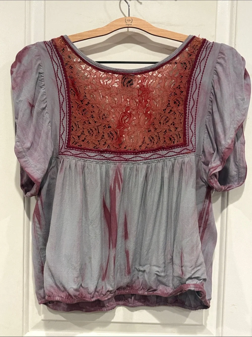 Free People Purple Tie-Dye Embroidered Puff Sleeve Blouse